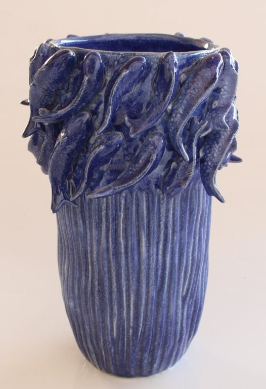 Tall Blue Fish Ceramic Vase